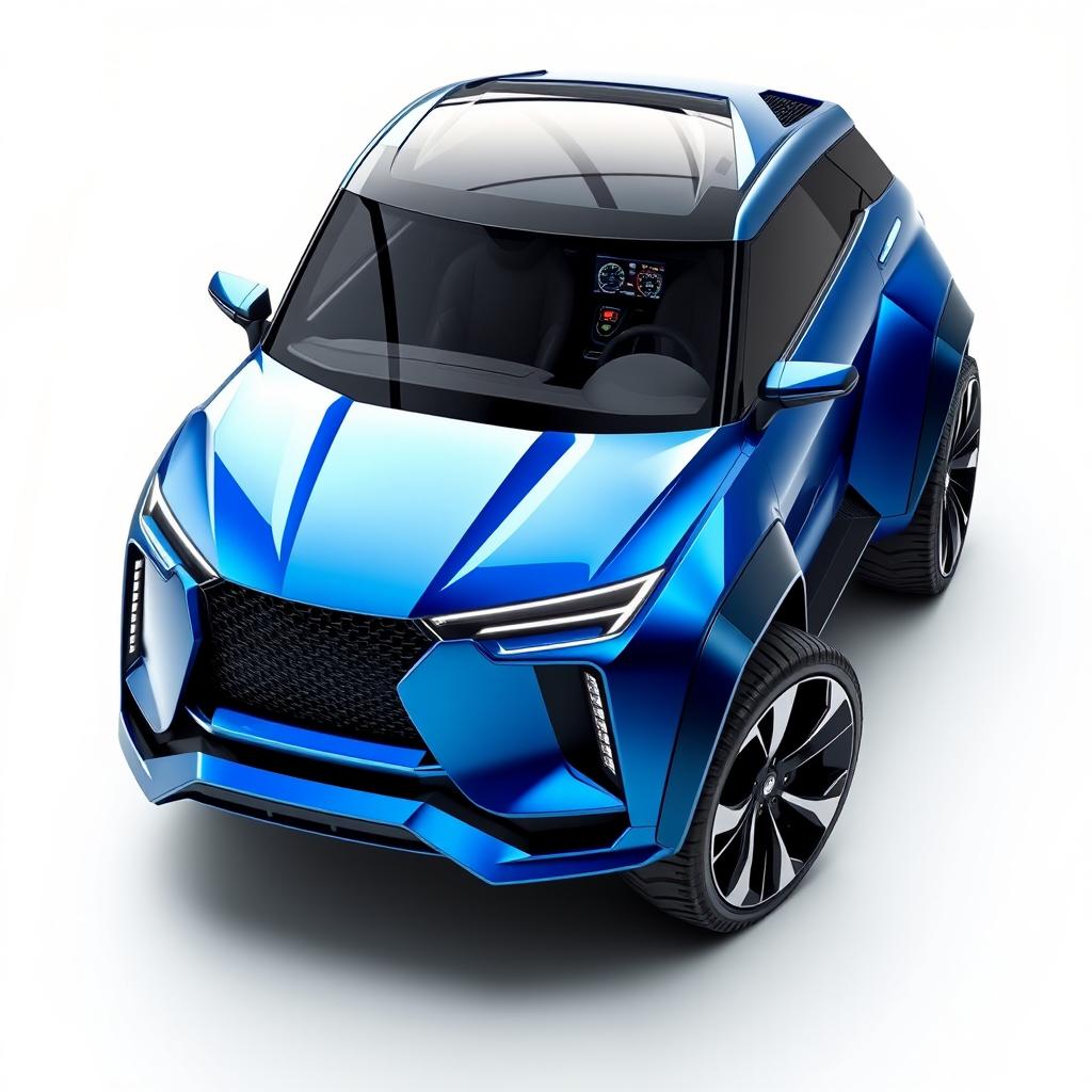 A futuristic sports SUV with a unique and sporty design, featuring sleek aerodynamic lines, an aggressive front grill, and LED headlights