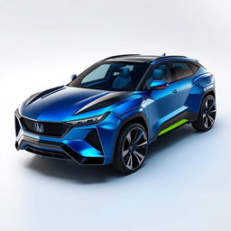 A futuristic sports SUV with a unique and sporty design, featuring sleek aerodynamic lines, an aggressive front grill, and LED headlights