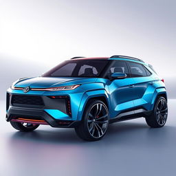 A futuristic sports SUV with a unique and sporty design, featuring sleek aerodynamic lines, an aggressive front grill, and LED headlights