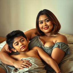 An Indonesian teenage boy, approximately 18 years old, with a handsome and dashing face, a toned and athletic physique, is lying on the lap of a 38-year-old woman