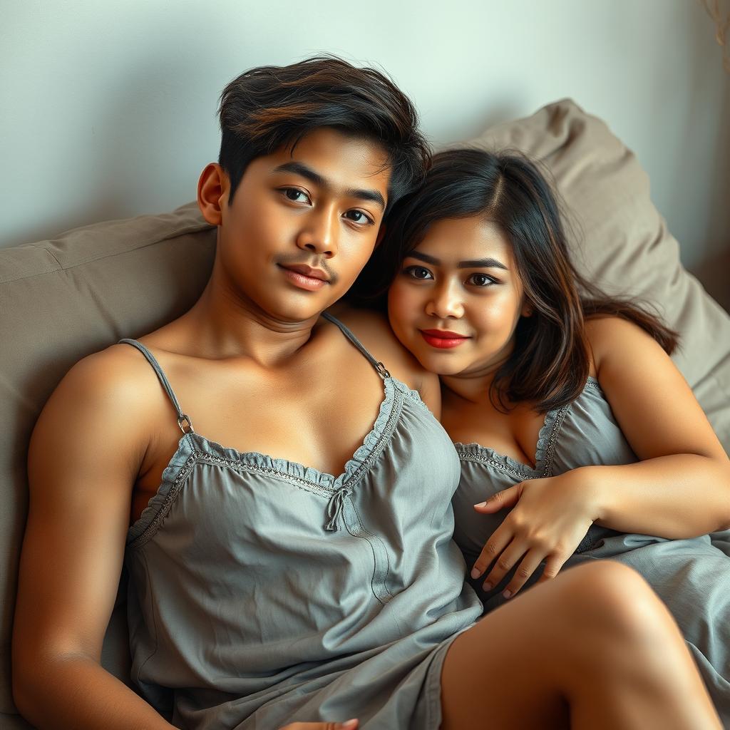 An Indonesian teenage boy, approximately 18 years old, with a handsome and dashing face, a toned and athletic physique, is lying on the lap of a 38-year-old woman