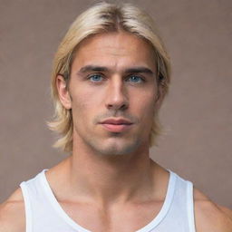 A fit Chilean-Spanish man standing at 1.80 meters. He possesses blond hair, blue eyes, and cherry-colored lips.