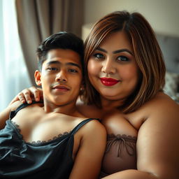 An Indonesian teenage boy, approximately 18 years old, with a handsome and dashing face, a toned and athletic physique, is lying on the lap of a 38-year-old woman