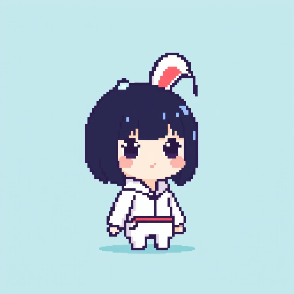 Pixelated representation of a girl in a bunny suit in a minimalist 16x16px format, featuring short dark hair, a cute expression, a white outfit, and bunny ears