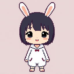 Pixelated representation of a girl in a bunny suit in a minimalist 16x16px format, featuring short dark hair, a cute expression, a white outfit, and bunny ears