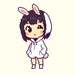 Pixelated representation of a girl in a bunny suit in a minimalist 16x16px format, featuring short dark hair, a cute expression, a white outfit, and bunny ears