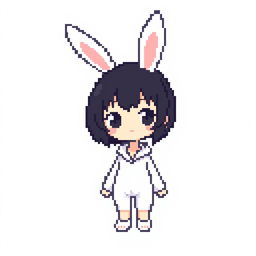 Pixelated representation of a girl in a bunny suit in a minimalist 16x16px format, featuring short dark hair, a cute expression, a white outfit, and bunny ears