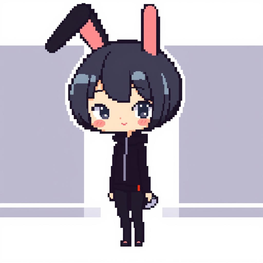 Pixel art of a girl in a black bunny suit, featuring her characteristic short dark hair and a cute, charming expression