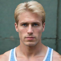 A fit Chilean-Spanish man standing at 1.80 meters. He possesses blond hair, blue eyes, and cherry-colored lips.