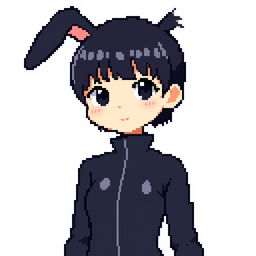 Pixel art of a girl in a black bunny suit, featuring her characteristic short dark hair and a cute, charming expression