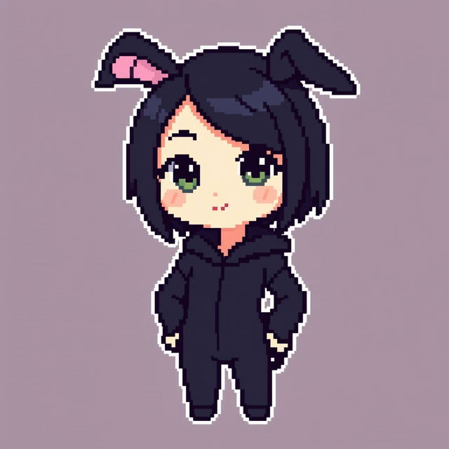 Pixel art of a girl in a black bunny suit, featuring her characteristic short dark hair and a cute, charming expression