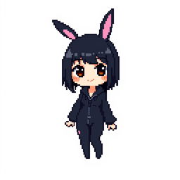 Pixel art of a girl in a black bunny suit, featuring her characteristic short dark hair and a cute, charming expression