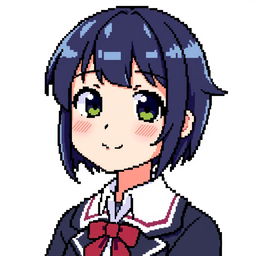 Pixel art of a girl with short dark hair, a charming smile, and wearing a stylish school uniform