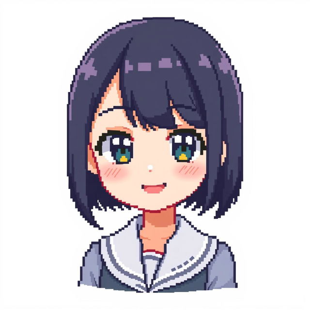 Pixel art of a girl with short dark hair, a charming smile, and wearing a stylish school uniform