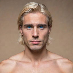 A fit Chilean-Spanish man standing at 1.80 meters. He possesses blond hair, blue eyes, and cherry-colored lips.