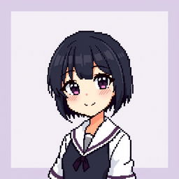 Pixel art of a girl with short dark hair, a charming smile, and wearing a stylish school uniform