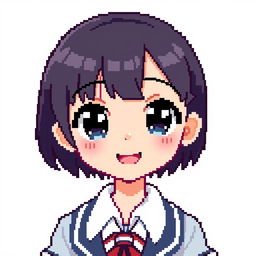 Pixel art of a girl with short dark hair, a charming smile, and wearing a stylish school uniform