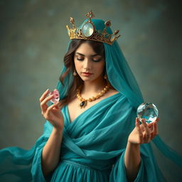 A captivating goddess of romance enveloped in a teal flowing dress, radiating love and allure