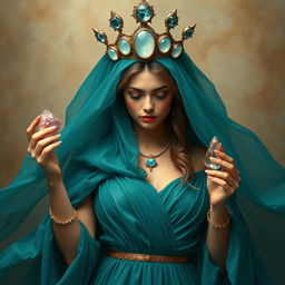 A captivating goddess of romance enveloped in a teal flowing dress, radiating love and allure