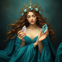 A captivating goddess of romance enveloped in a teal flowing dress, radiating love and allure