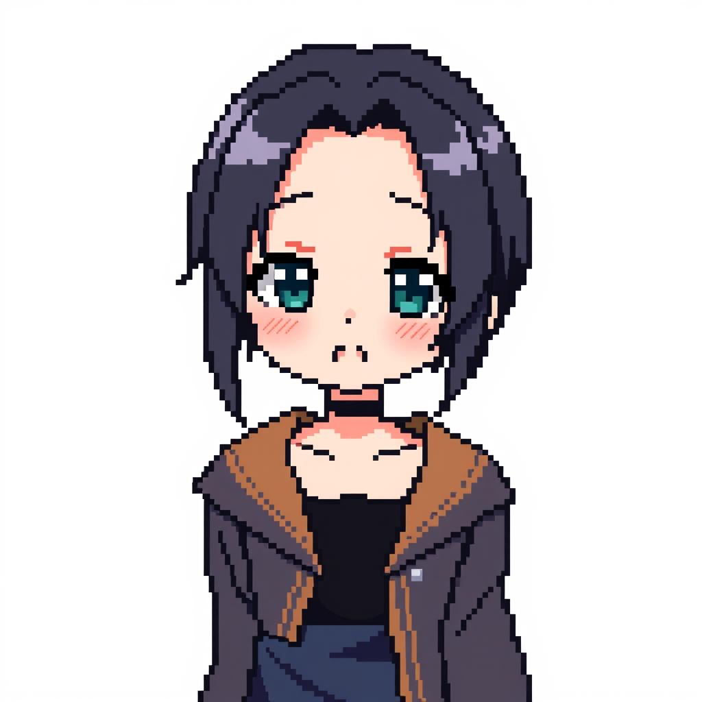 Pixel art of an anime-inspired girl with short dark hair, wearing a stylish outfit, and exuding a charming and expressive demeanor