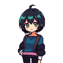 Pixel art of an anime-inspired girl with short dark hair, wearing a stylish outfit, and exuding a charming and expressive demeanor