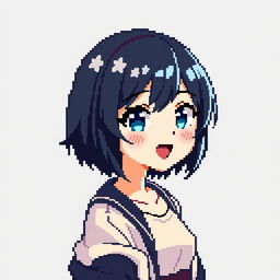 Pixel art of an anime-inspired girl with short dark hair, wearing a stylish outfit, and exuding a charming and expressive demeanor