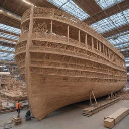 A giant wooden boat under construction, featuring intricate detail and impressive scale, completely void of any human presence