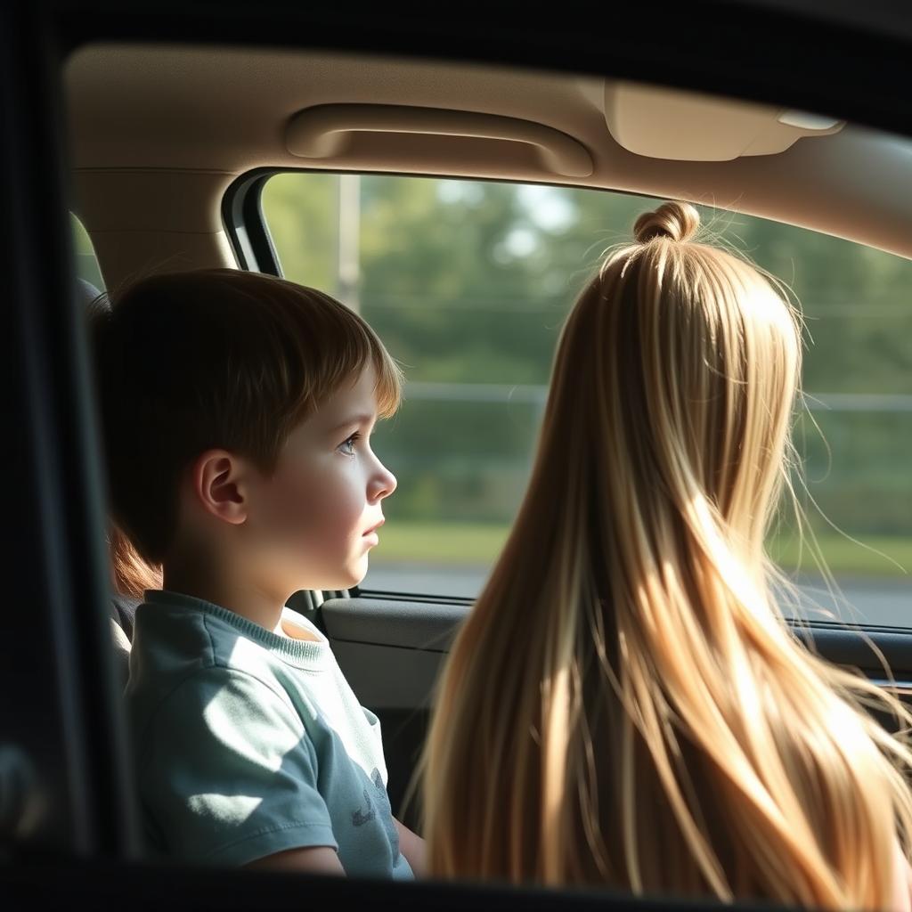 A boy riding in a car with his mother gazes out the window, spotting a girl with extremely long, smooth, flowing hair, untied and cascading down