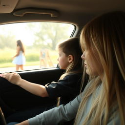 A boy riding in a car with his mother gazes out the window, spotting a girl with extremely long, smooth, flowing hair, untied and cascading down