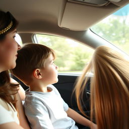 A boy riding in a car with his mother gazes out the window, spotting a girl with extremely long, smooth, flowing hair, untied and cascading down