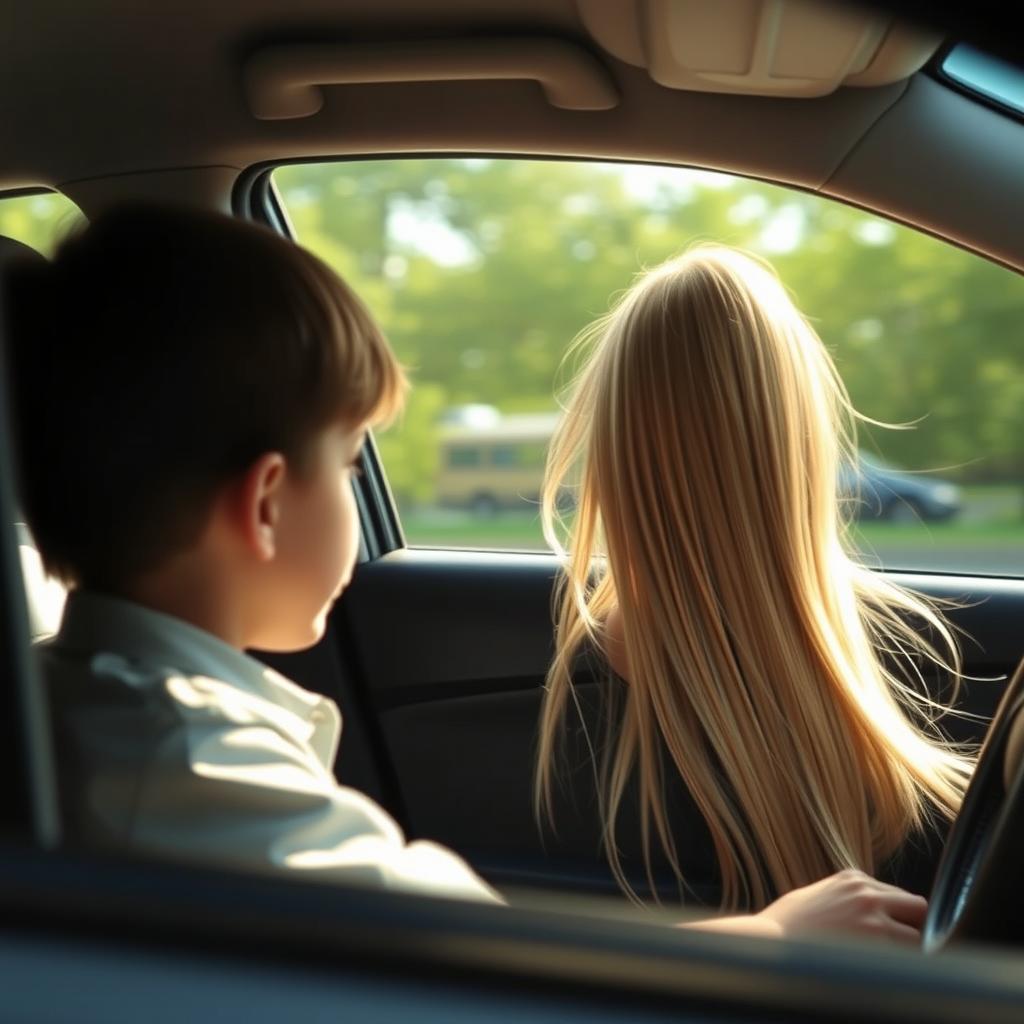 A boy riding in a car with his mother gazes out the window, spotting a girl with extremely long, smooth, flowing hair, untied and cascading down