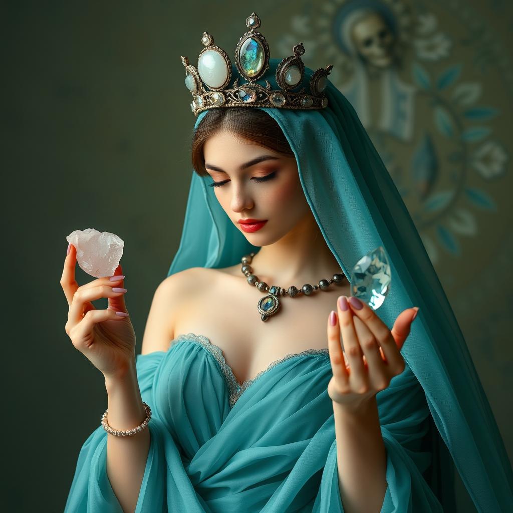 A captivating goddess of romance enveloped in a teal flowing dress, radiating love and allure