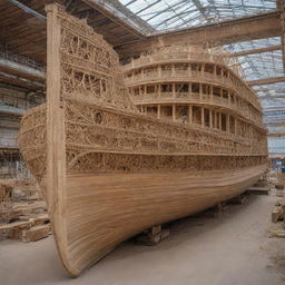 A giant wooden boat under construction, featuring intricate detail and impressive scale, completely void of any human presence