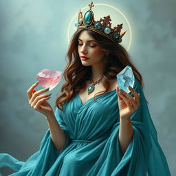 A captivating goddess of romance enveloped in a teal flowing dress, radiating love and allure