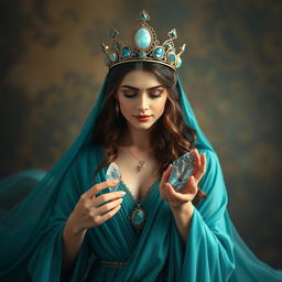 A captivating goddess of romance enveloped in a teal flowing dress, radiating love and allure