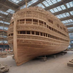 A giant wooden boat under construction, featuring intricate detail and impressive scale, completely void of any human presence