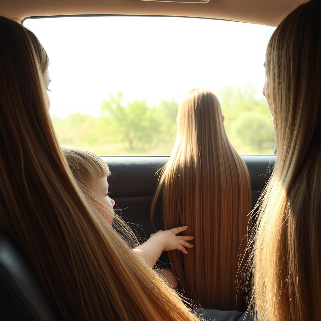 A boy riding in a car with his mother, who has extremely long, smooth, flowing hair, untied and cascading down