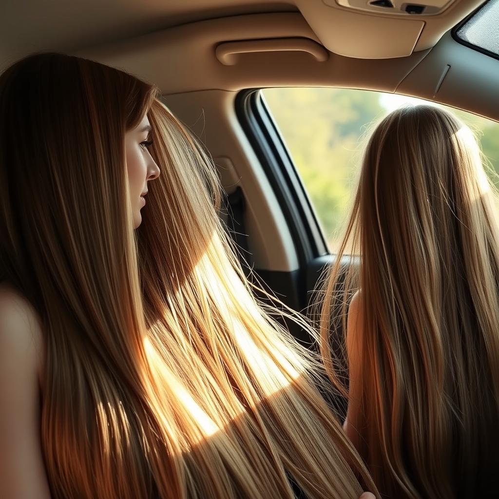 A boy riding in a car with his mother, who has extremely long, smooth, flowing hair, untied and cascading down