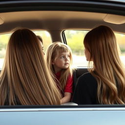 A boy riding in a car with his mother, who has extremely long, smooth, flowing hair, untied and cascading down