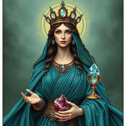 A regal goddess of knights, draped in a teal flowing dress that symbolizes courage and elegance