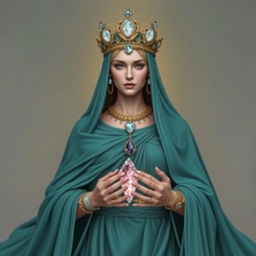 A regal goddess of knights, draped in a teal flowing dress that symbolizes courage and elegance