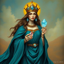 A regal goddess of knights, draped in a teal flowing dress that symbolizes courage and elegance