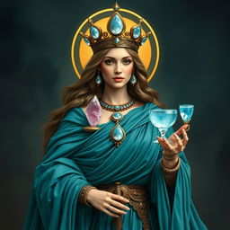 A regal goddess of knights, draped in a teal flowing dress that symbolizes courage and elegance