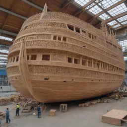 A giant wooden boat under construction, featuring intricate detail and impressive scale, completely void of any human presence