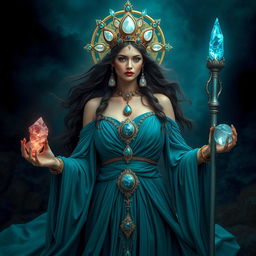 A mesmerizing goddess of passions, dressed in a teal flowing dress that embodies desire and elegance