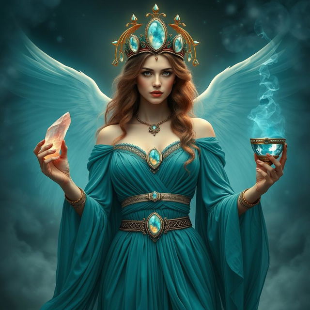 A mesmerizing goddess of passions, dressed in a teal flowing dress that embodies desire and elegance