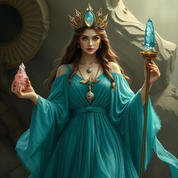 A mesmerizing goddess of passions, dressed in a teal flowing dress that embodies desire and elegance