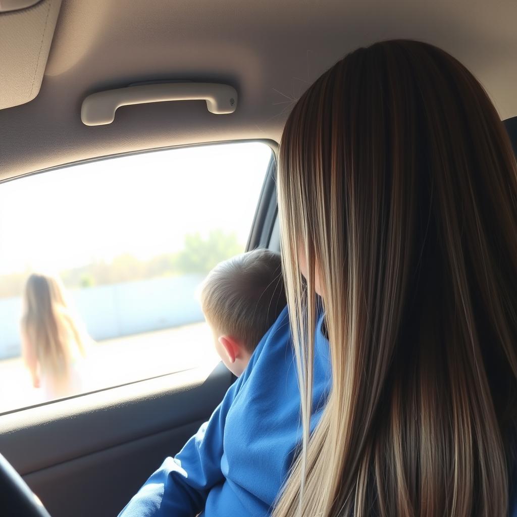 A boy sitting inside a car with his mother, who has extremely long, smooth, flowing hair, untied and cascading down