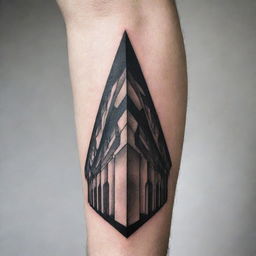 A geometric architectural design, seen from a dynamic perspective, suitable for a crisp, high-contrast tattoo